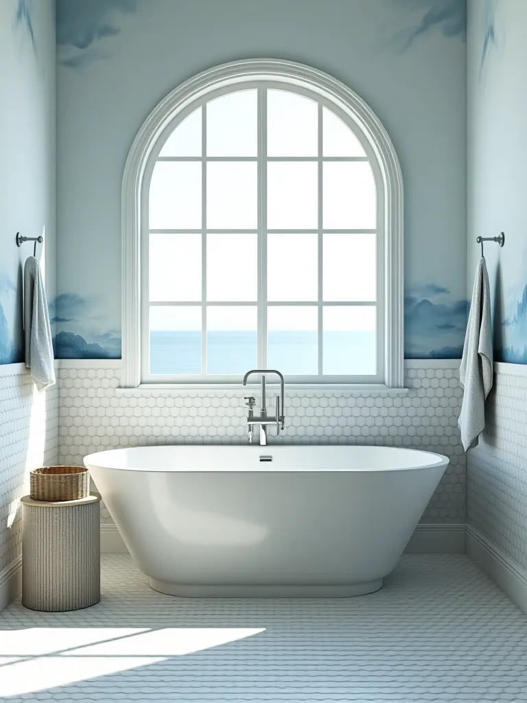Coastal themed bathroom with blue wallpaper and white penny tiles