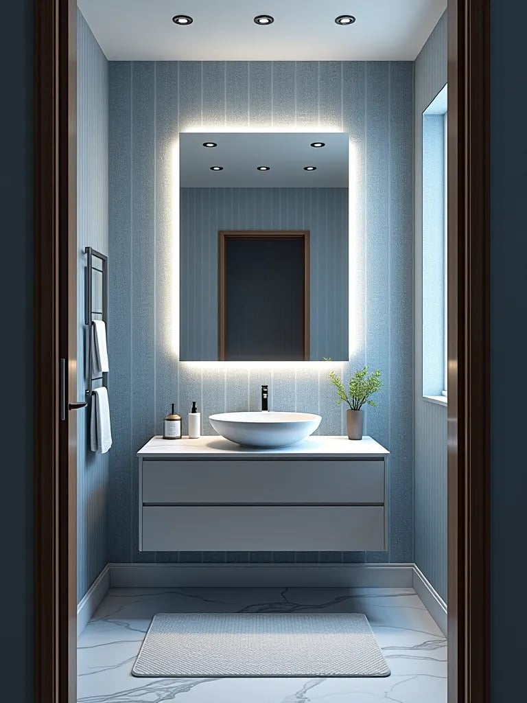 Compact bathroom featuring striking geometric wallpaper and floating vanity