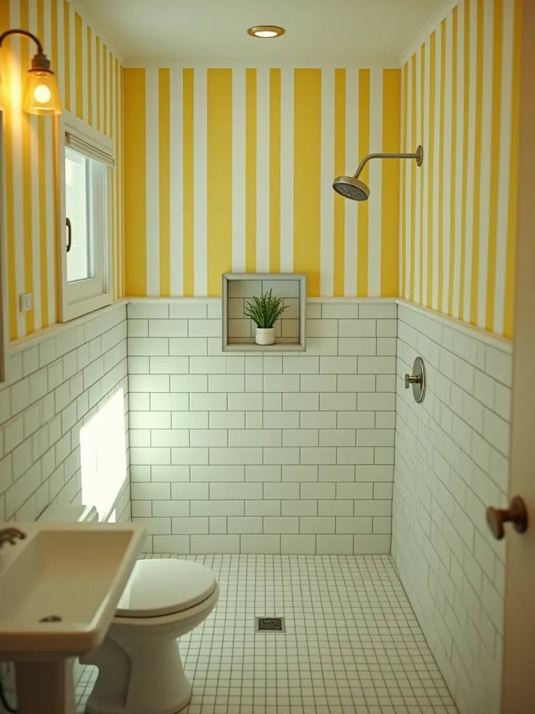 Compact bathroom with cheerful yellow striped wallpaper and floating shelf