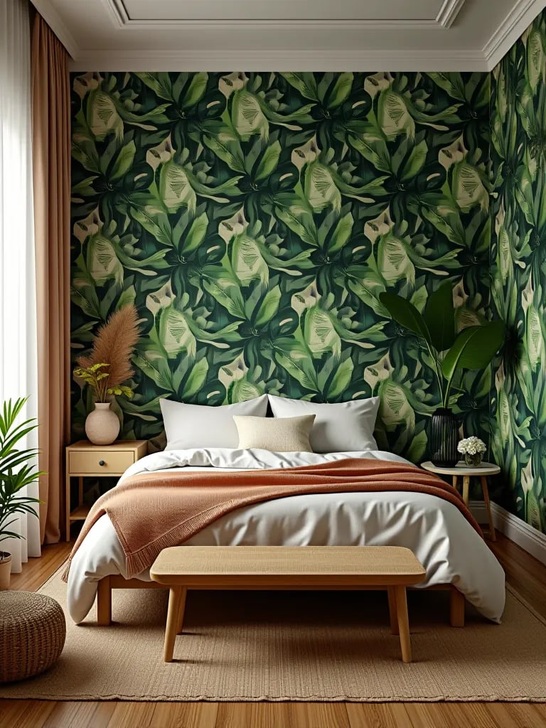 Compact bedroom featuring botanical wallpaper and wooden accents