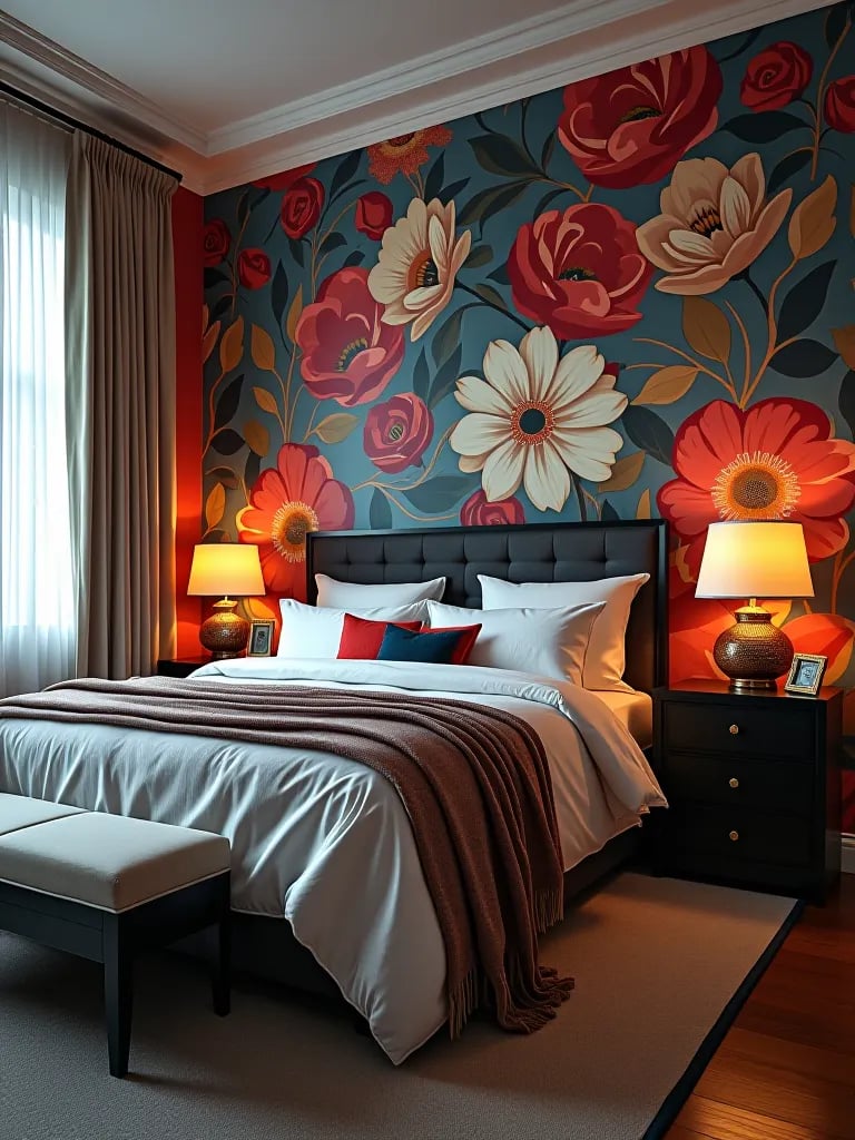 Compact bedroom featuring large scale floral wallpaper and sleek furniture