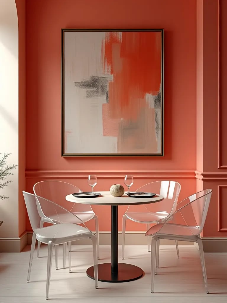 Compact dining area with coral walls and abstract art