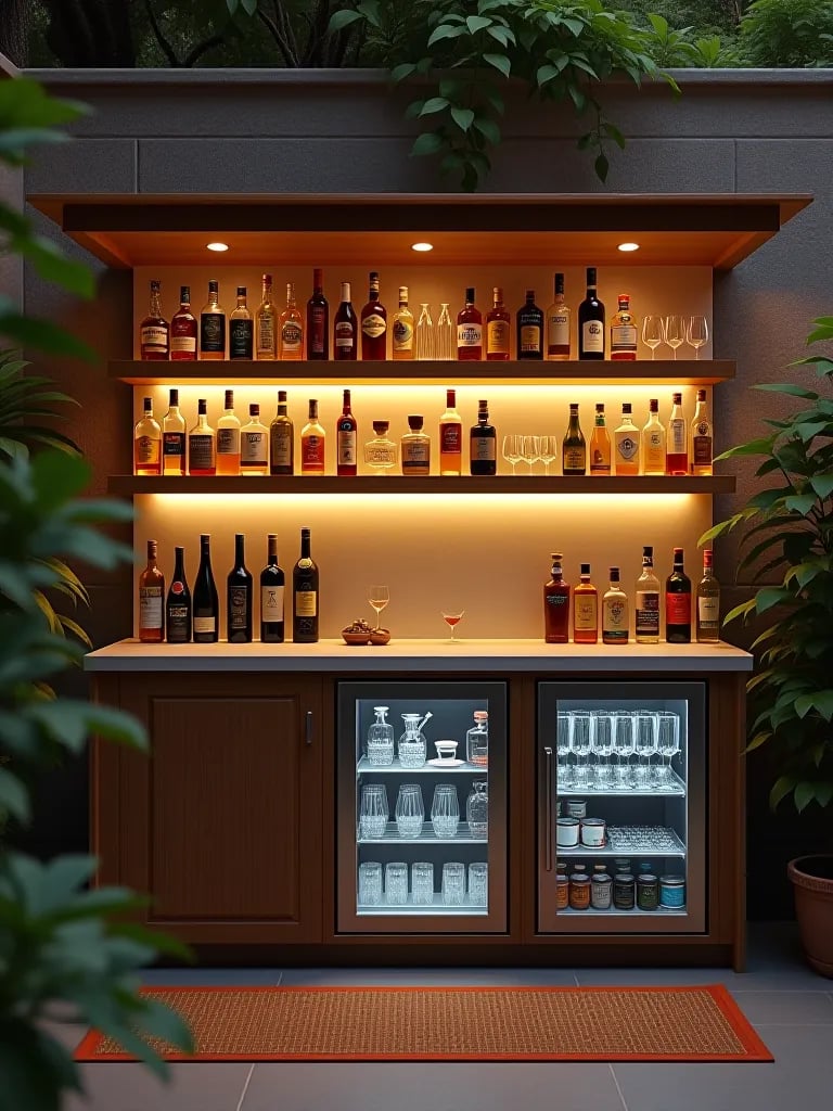 Compact outdoor bar with built in appliances and shelves