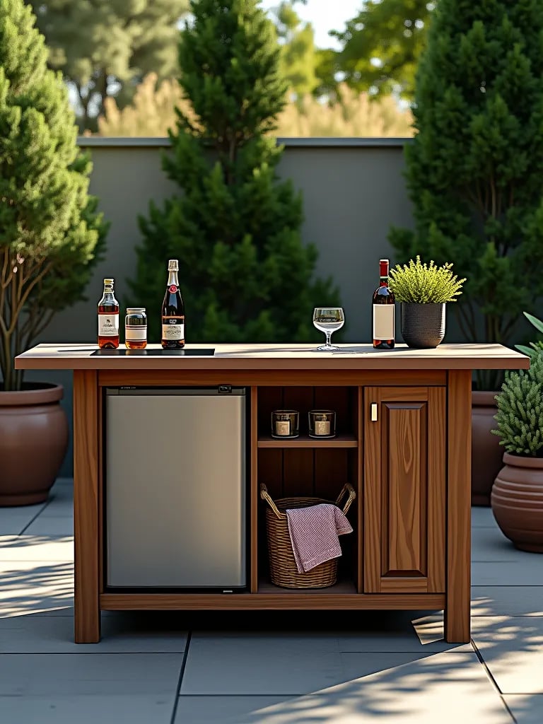 Compact outdoor kitchen island with built in appliances