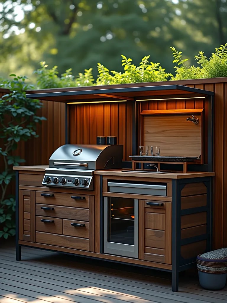Compact outdoor kitchen with fold down countertop on wooden deck