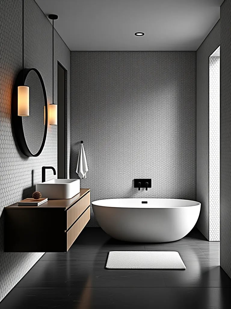 Contemporary bathroom featuring dramatic wallpaper and tile combo