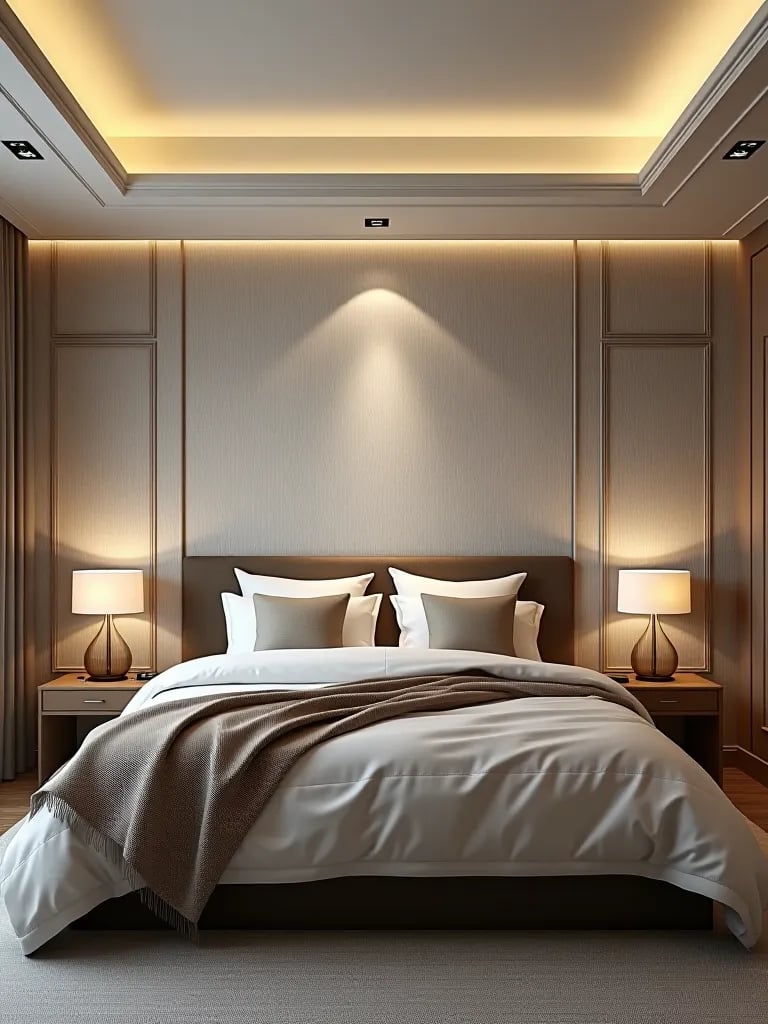 Contemporary bedroom with 3D textured wallpaper feature wall