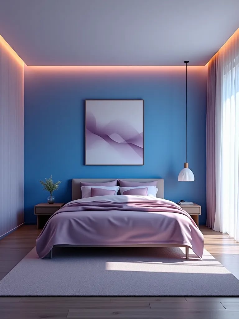 Contemporary bedroom with blue to lavender ombre wallpaper