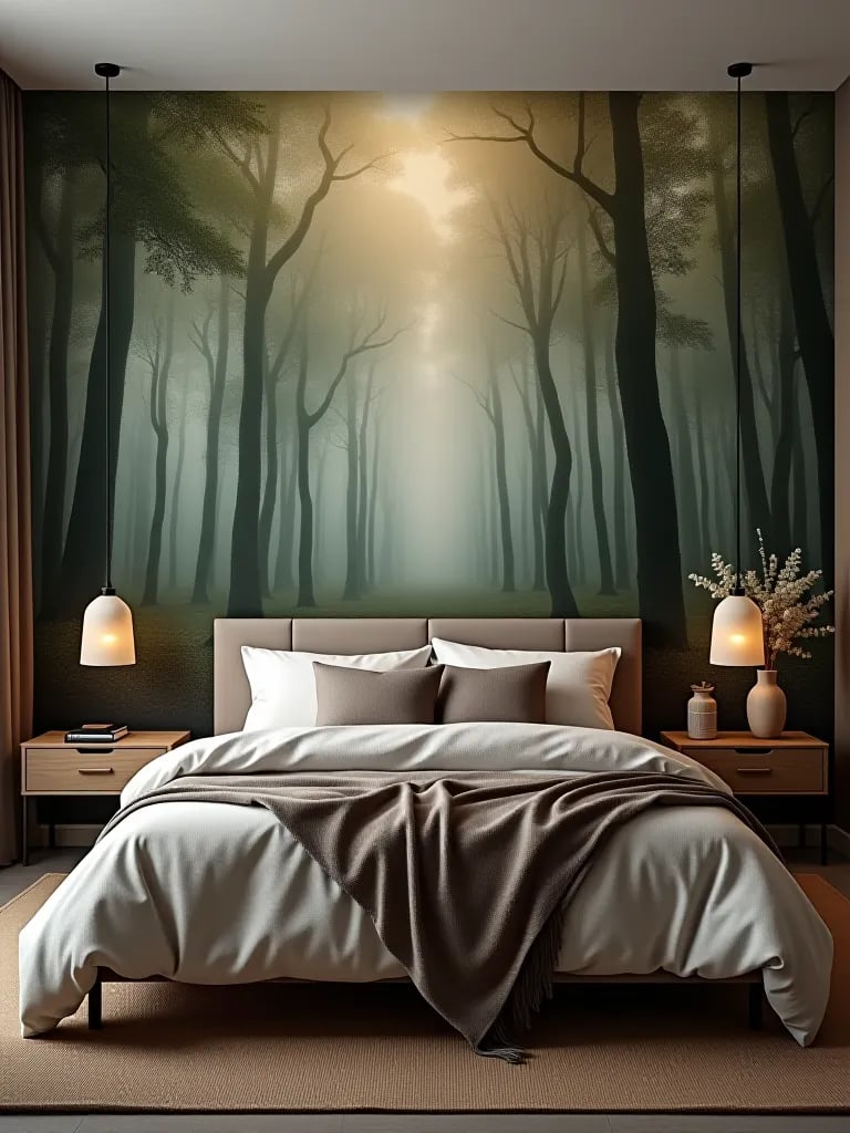 Contemporary bedroom with forest wallpaper mural