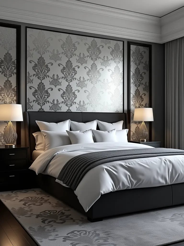 Contemporary bedroom with silver metallic damask wallpaper