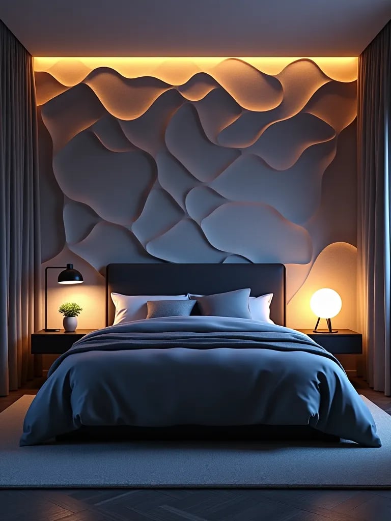 Contemporary compact bedroom featuring textured wallpaper and LED lighting