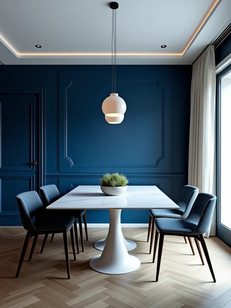 Contemporary dining room featuring navy accent wall