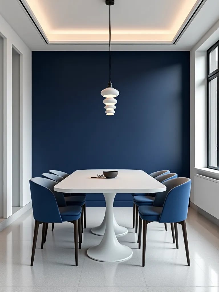 Contemporary dining space featuring navy accent wall and minimalist lighting