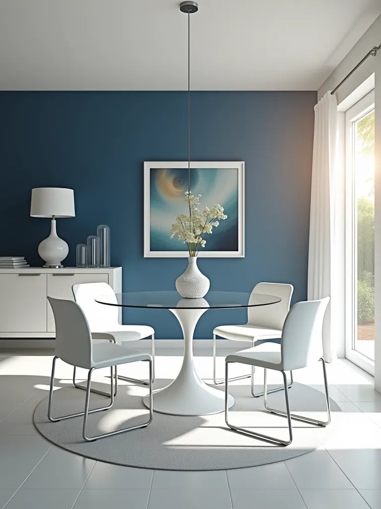 Contemporary dining space with navy accent wall and glass table