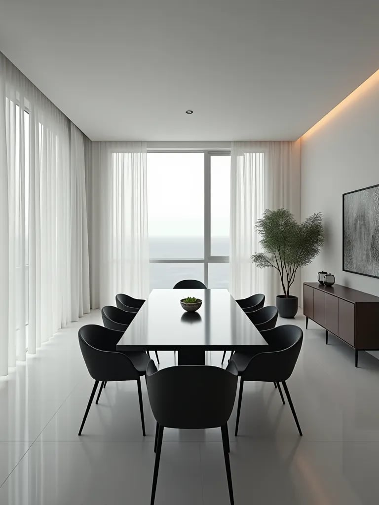 Contemporary minimalist dining room in black and white