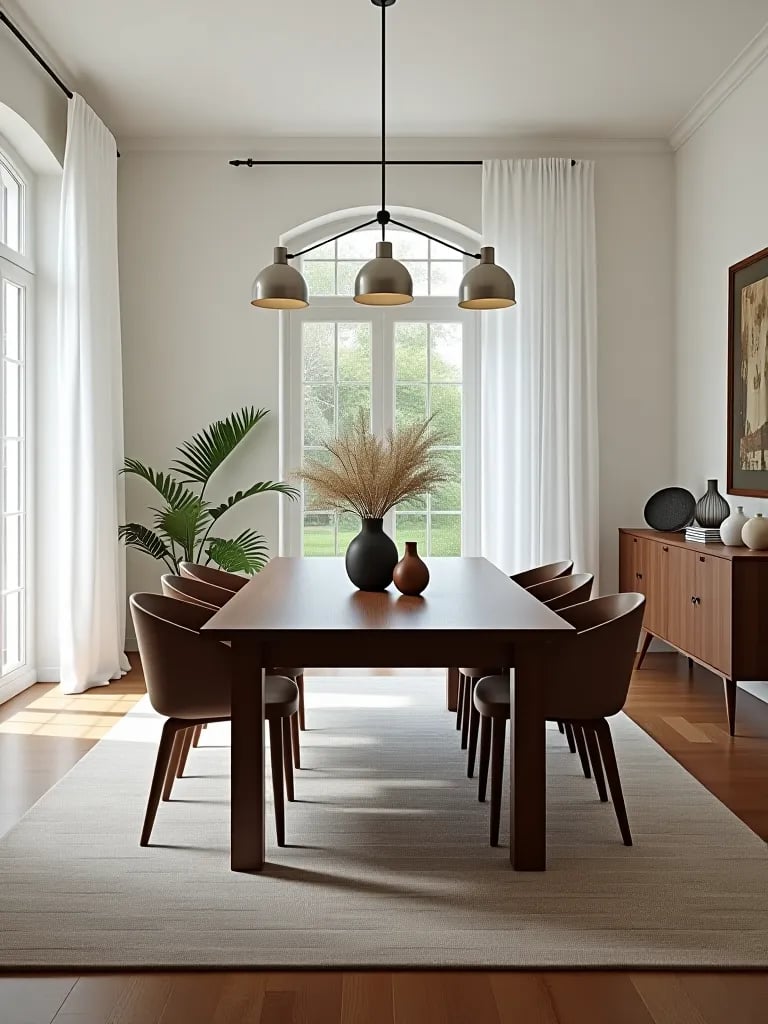 Contrasting white walls and dark wood dining set