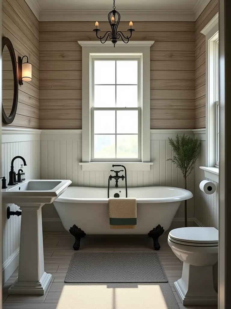 Country style bathroom featuring farmhouse wallpaper and rustic tiles