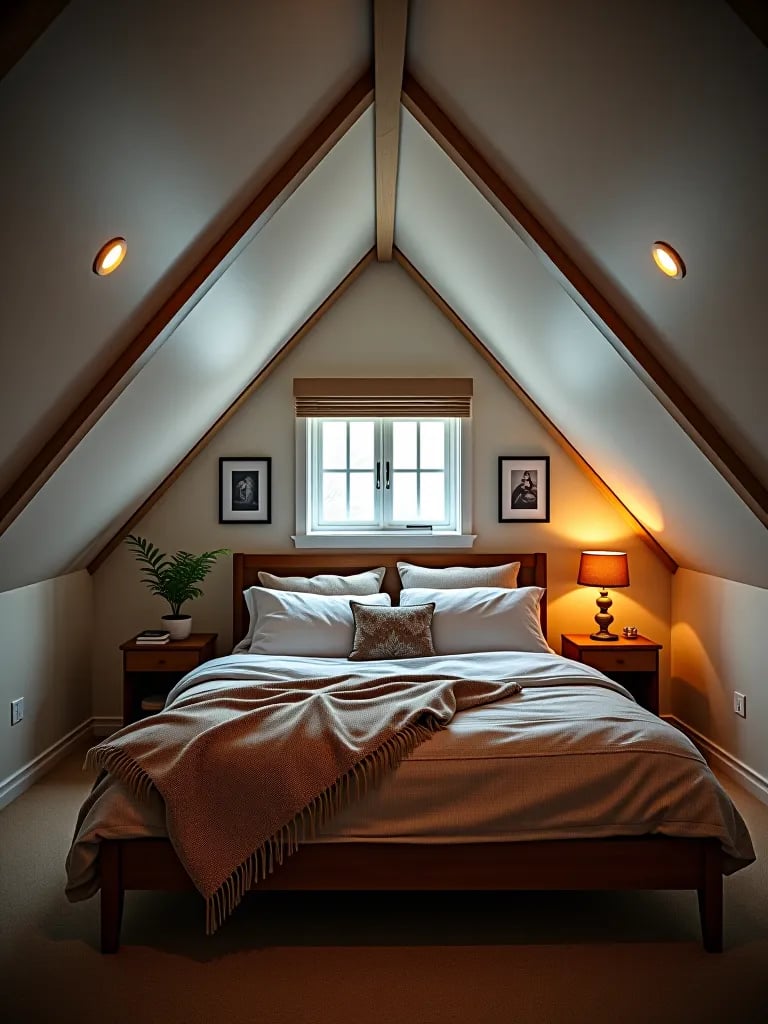 Cozy attic bedroom with recessed lighting