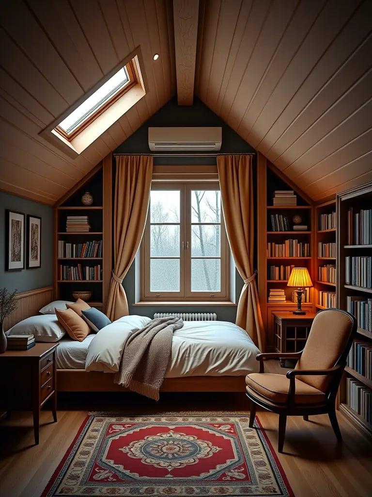 Cozy attic bedroom with skylight and window seat