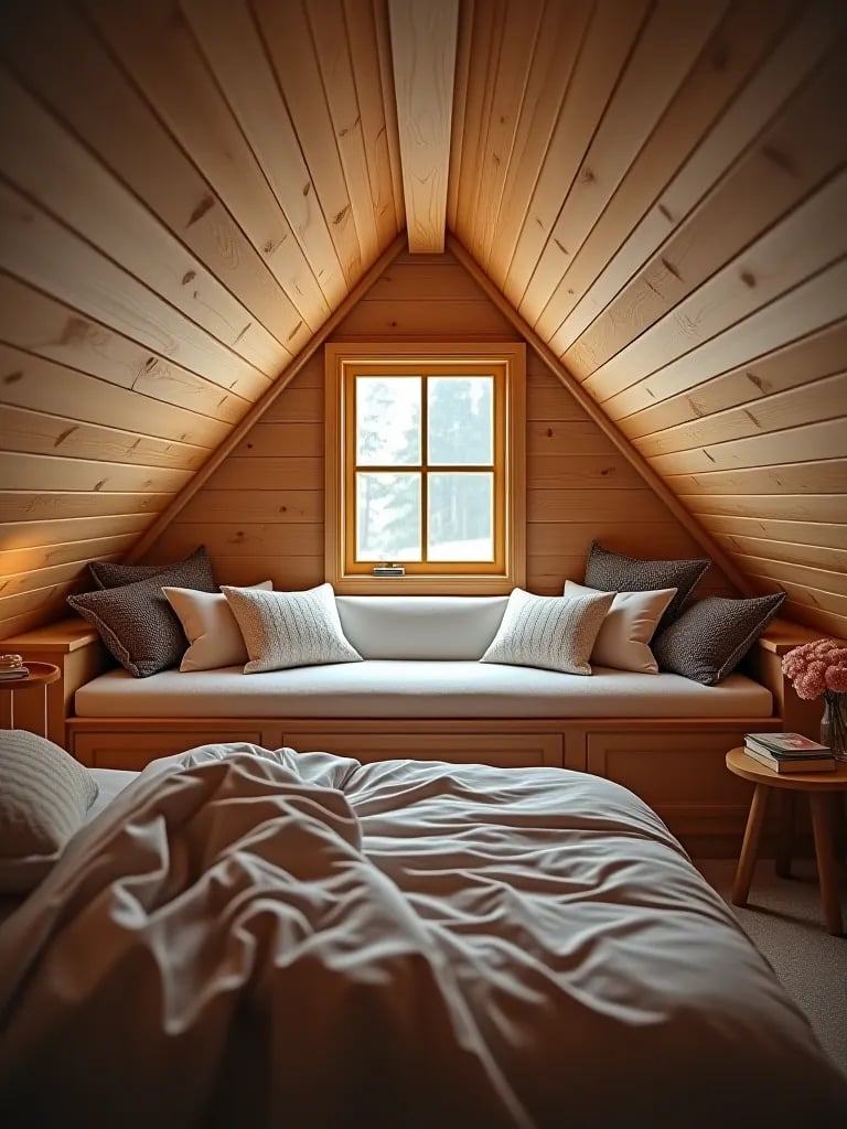 Cozy attic bedroom with window seat and wood accents