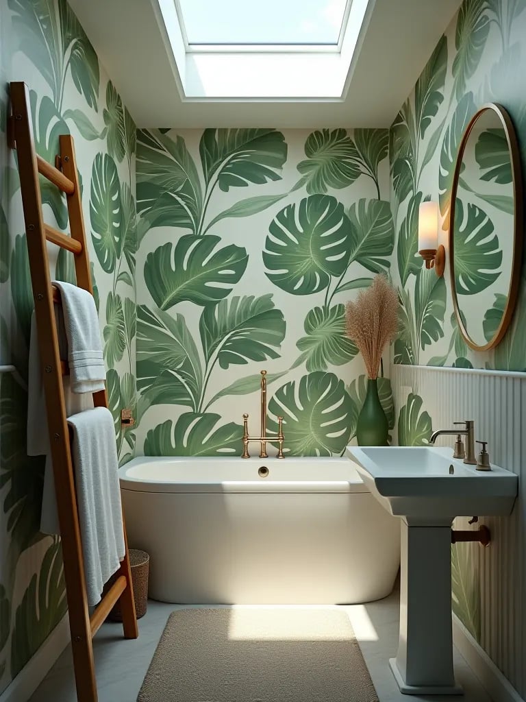 Cozy bathroom featuring tropical wallpaper and skylight