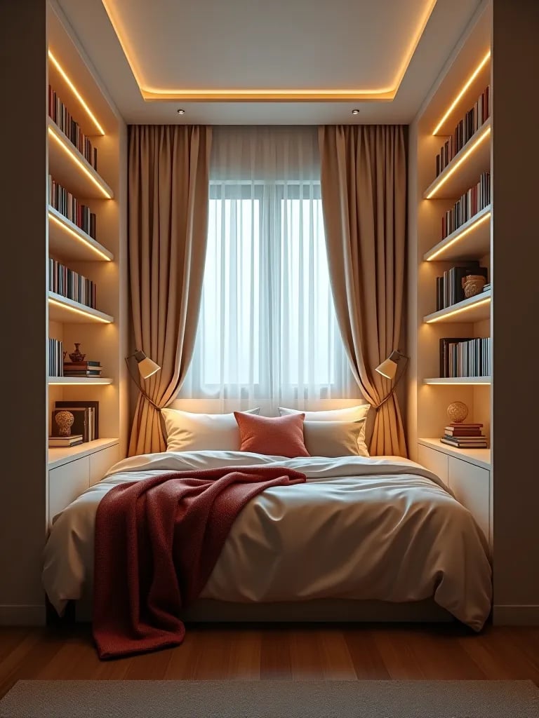 Cozy bed nook with shelves and wall sconces