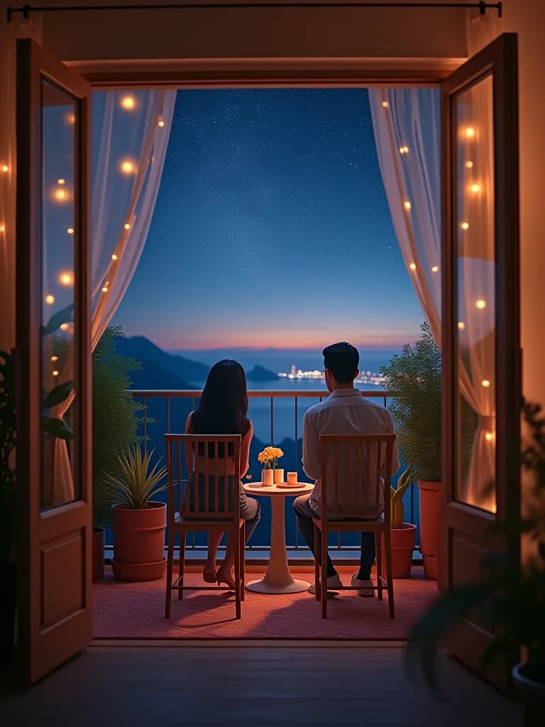 Cozy bedroom balcony with seating and twinkling lights