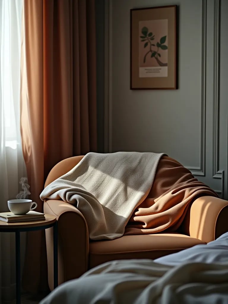 Cozy bedroom reading corner with armchair and blanket