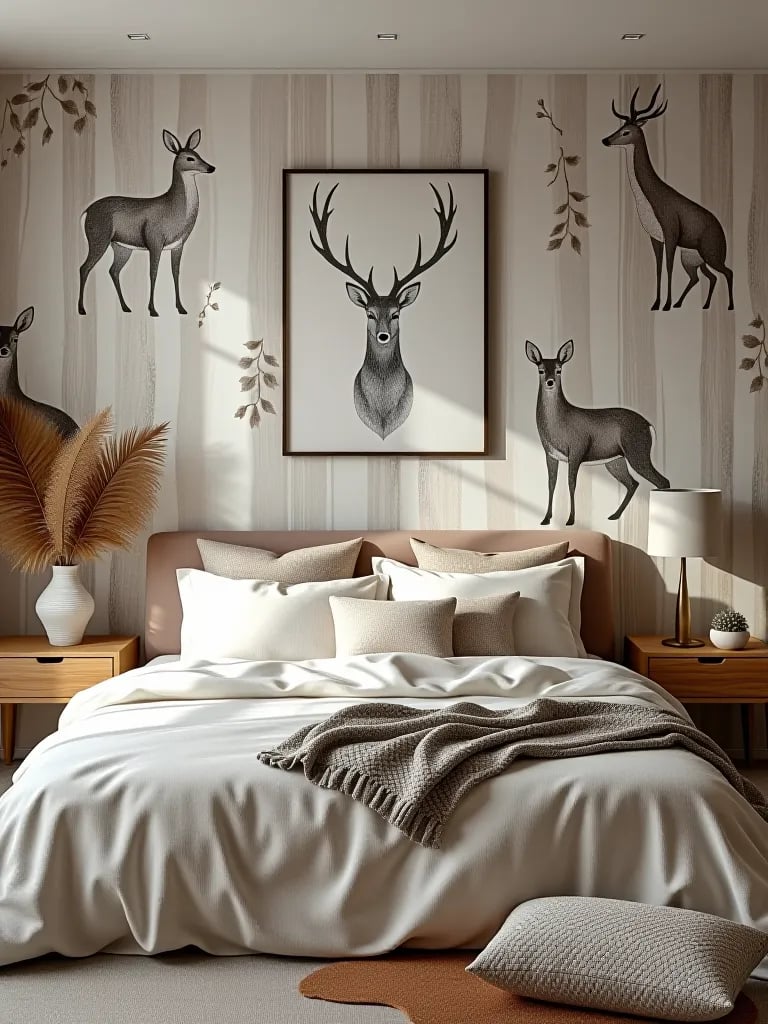 Cozy bedroom with Scandinavian woodland wallpaper