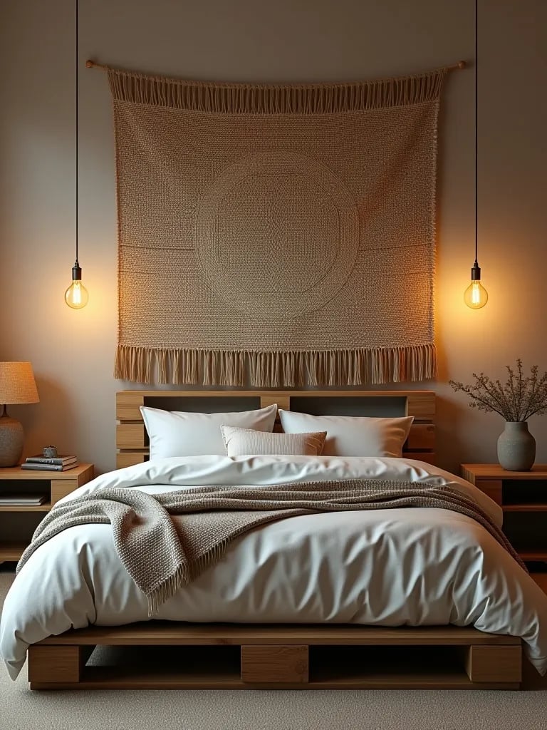 Cozy bedroom with pallet bed and woven wall tapestry