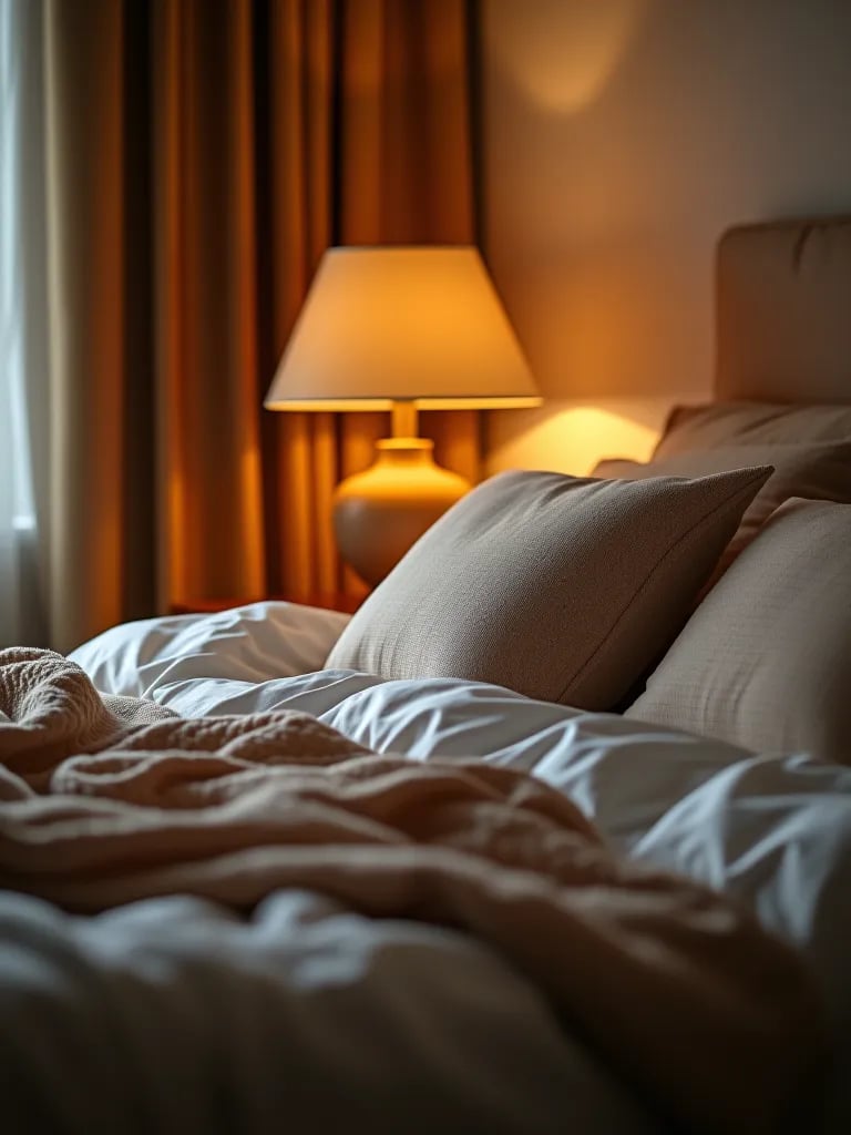 Cozy bedroom with warm bedside lamp lighting