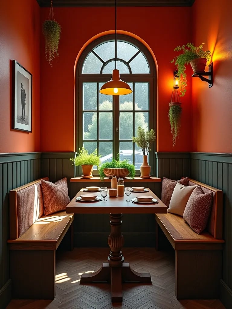 Cozy dining nook with terracotta walls and rustic wooden furniture