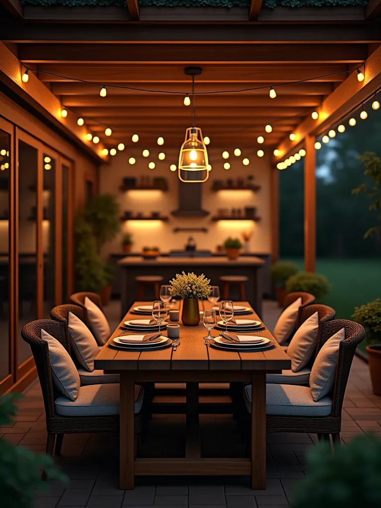Cozy outdoor dining setup adjacent to kitchen with ambient lighting