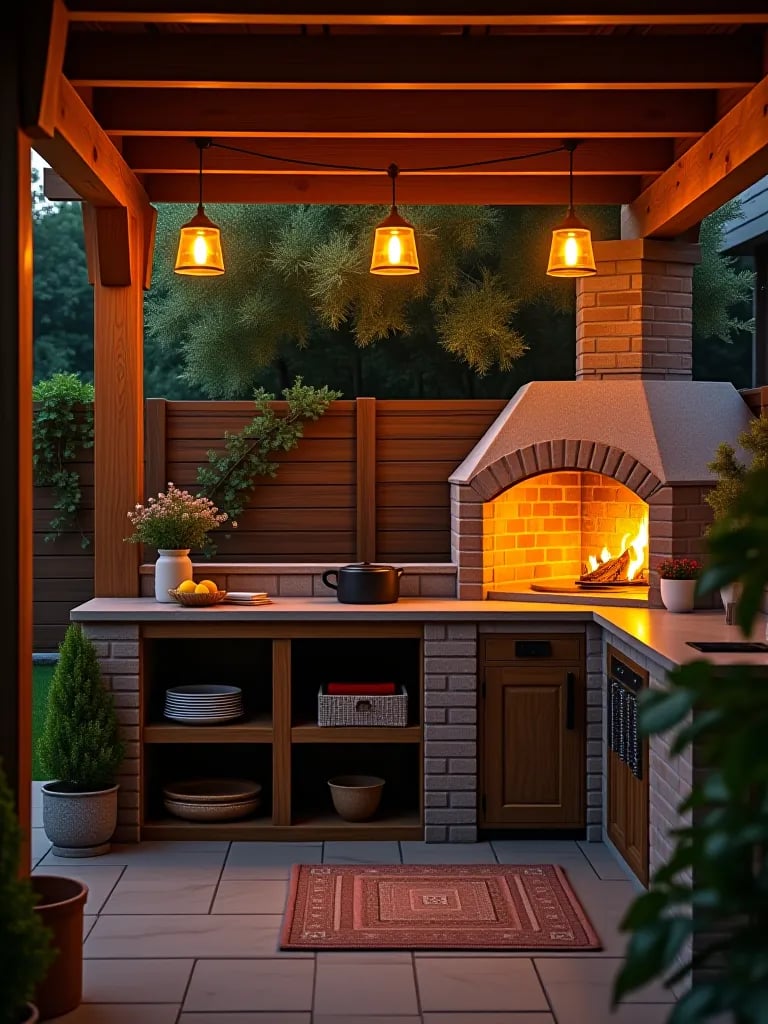 Cozy outdoor pizza oven area with golden pendant lights