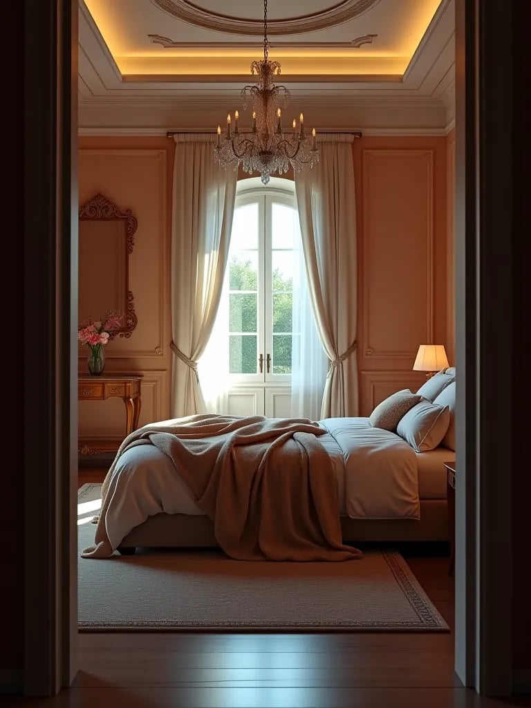 Cozy romantic bedroom with soft lighting and plush bedding