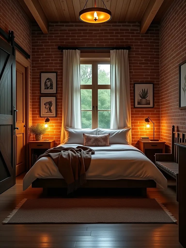 Cozy rustic inspired compact bedroom with warm lighting