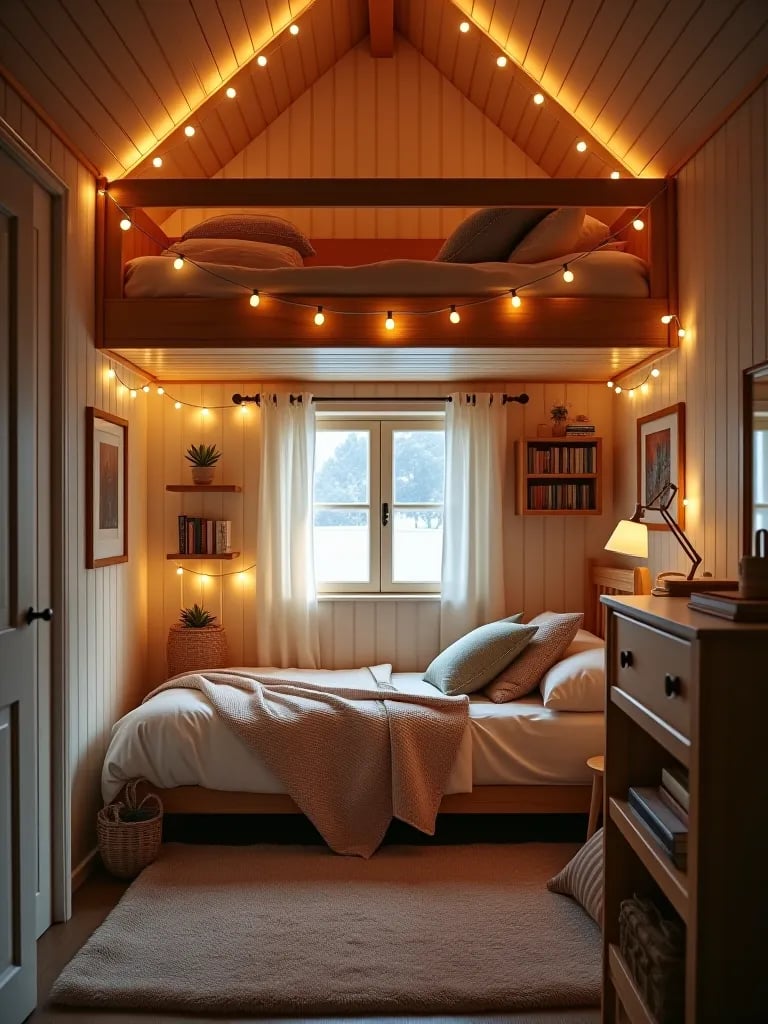 Cozy small bedroom with loft bed and reading nook