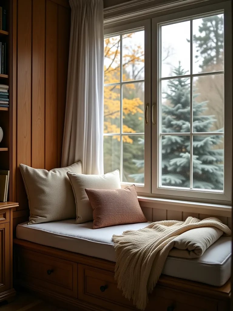 Cozy window seat with cushions and throw pillows