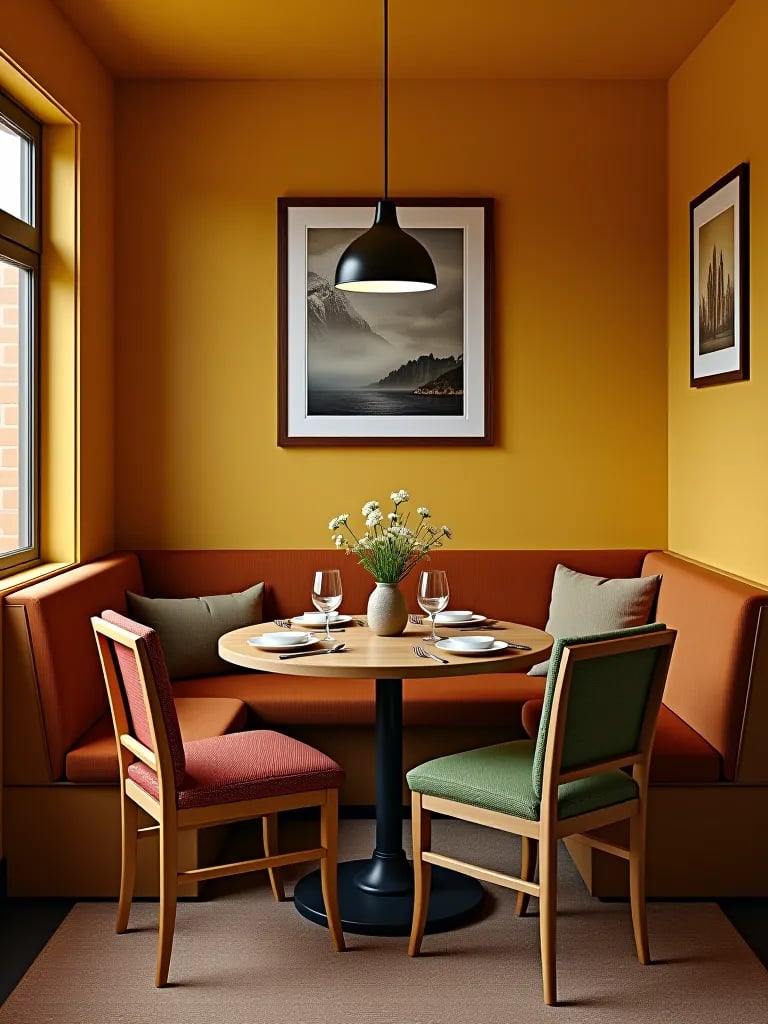 Cozy yellow dining nook with banquette and round table