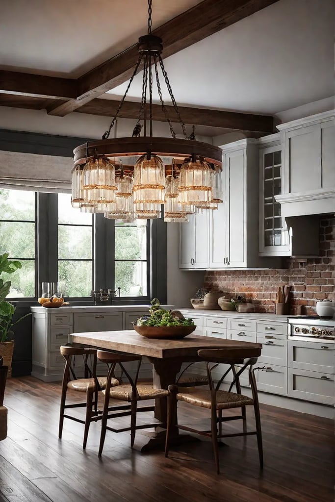 Cozy kitchen vintage chandelier frosted glass warm ambiance