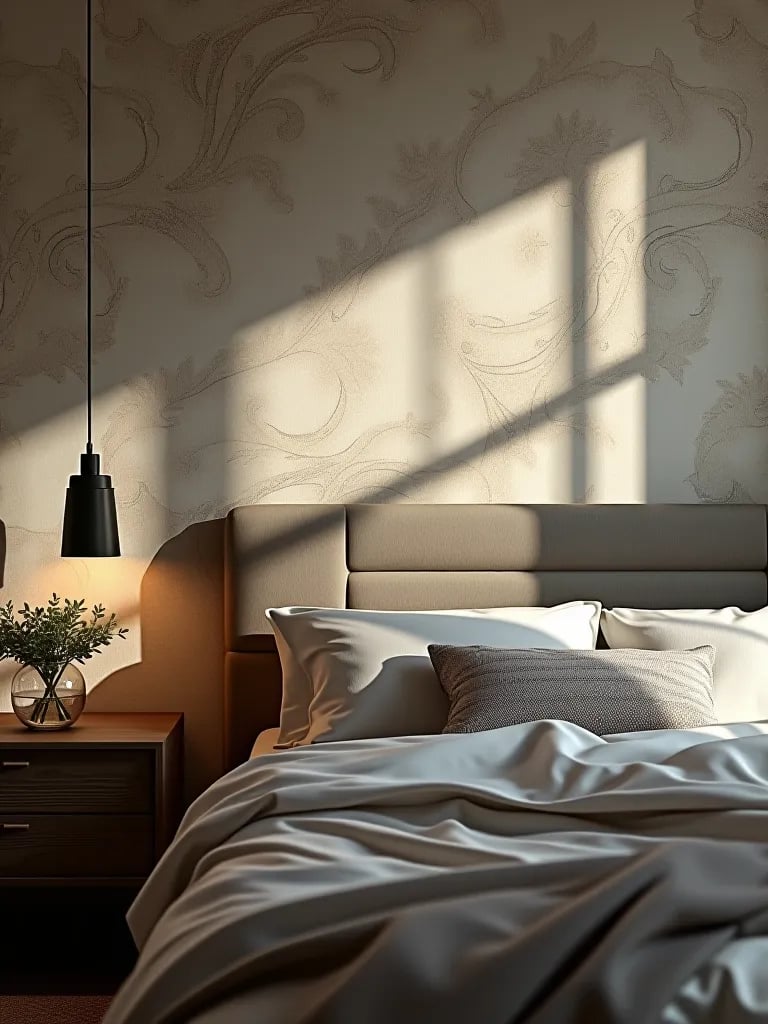 Detailed view of patterned wallpaper in bedroom