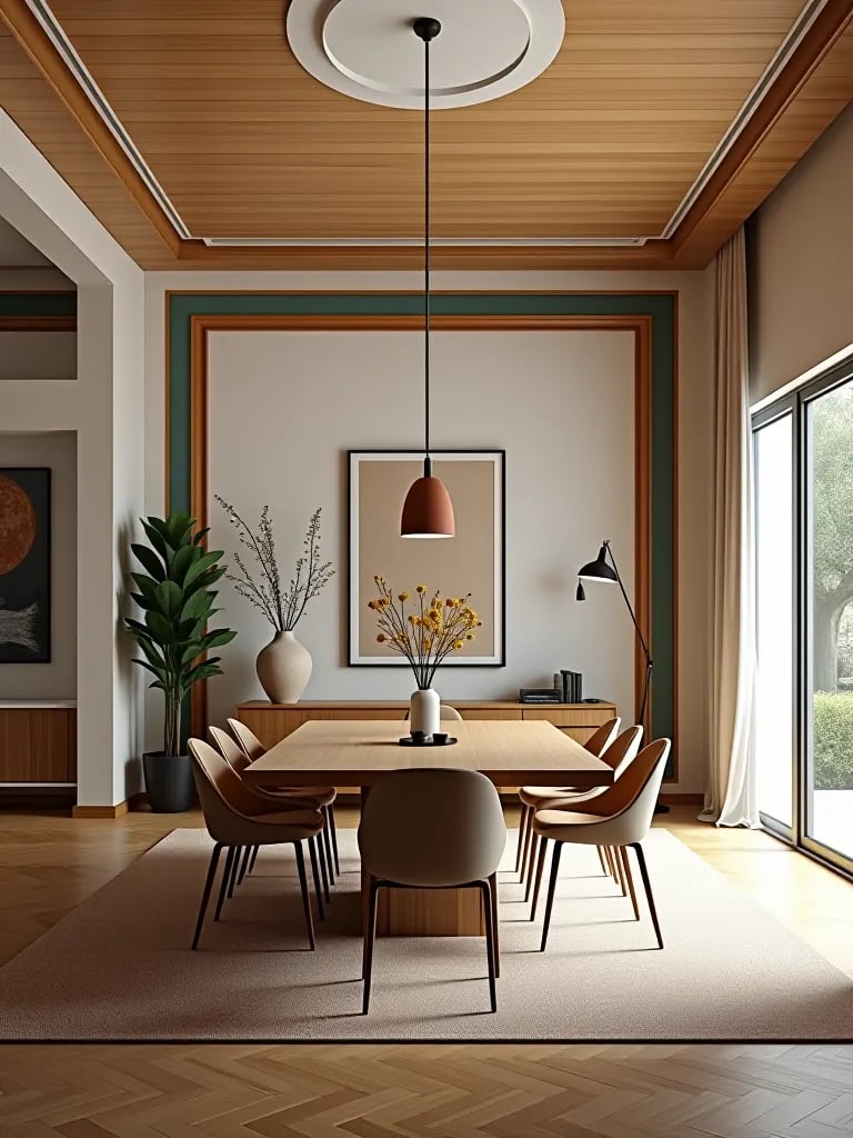 Dining area enclosed by painted ‘frame’ in open space