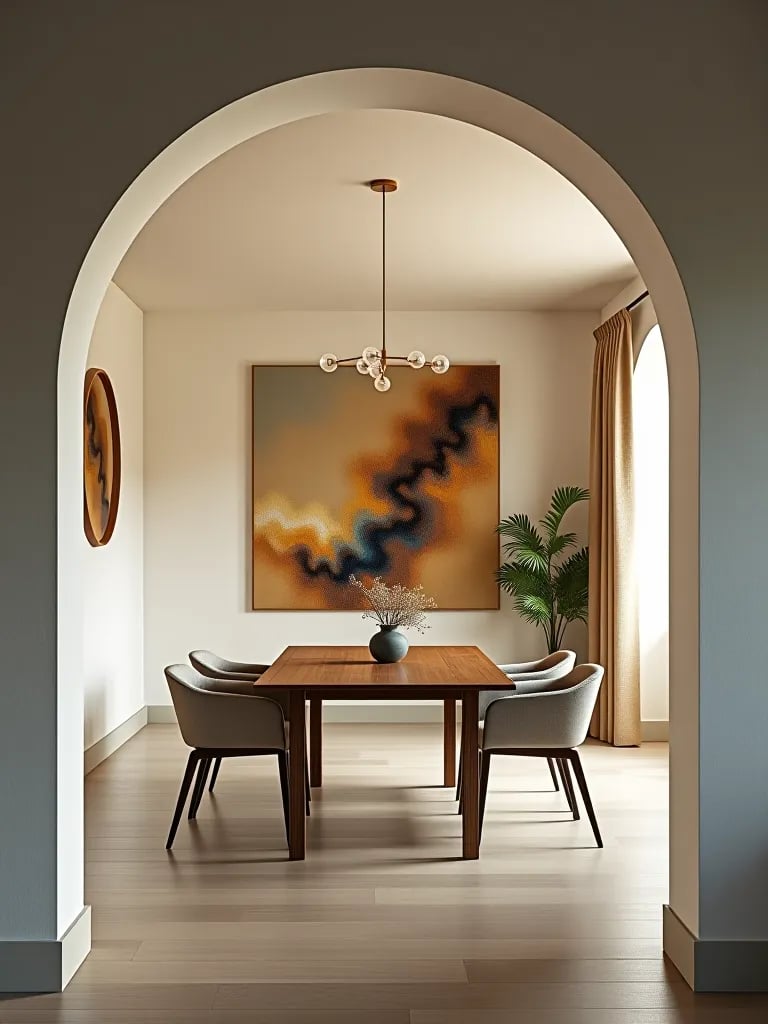 Dining area framed by painted arch in open space
