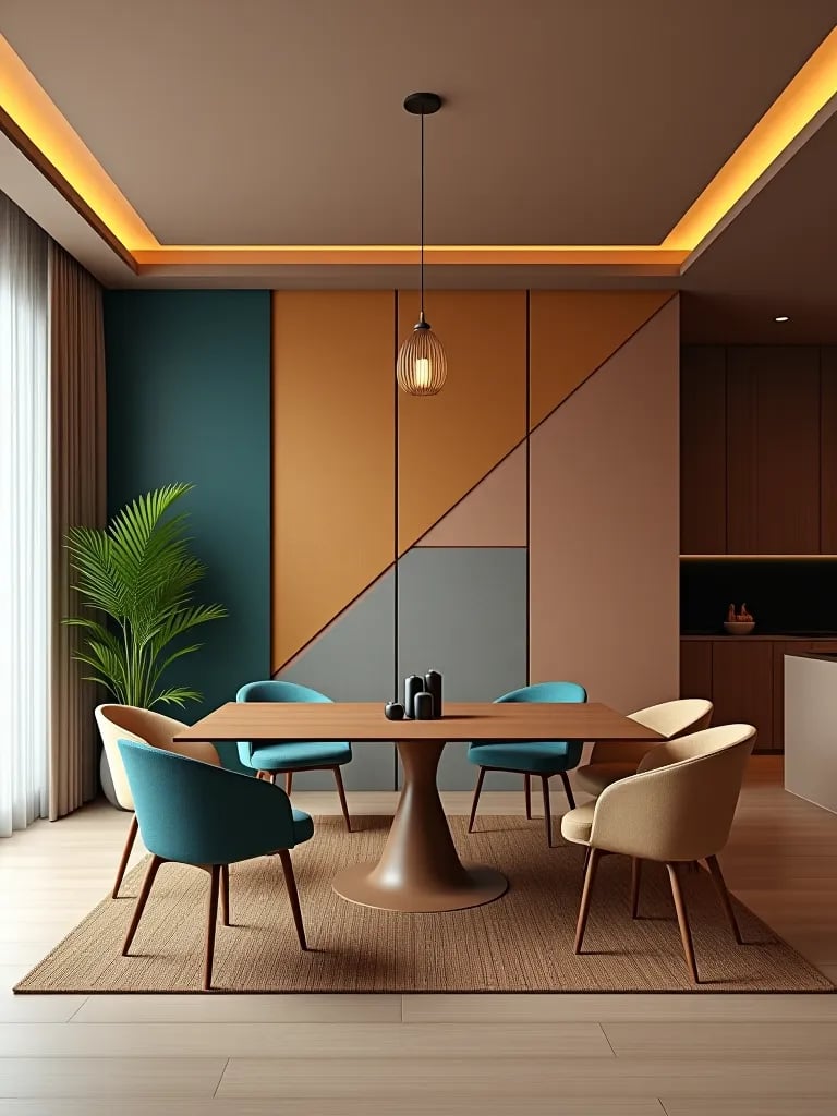 Dining area with geometric color blocked wall