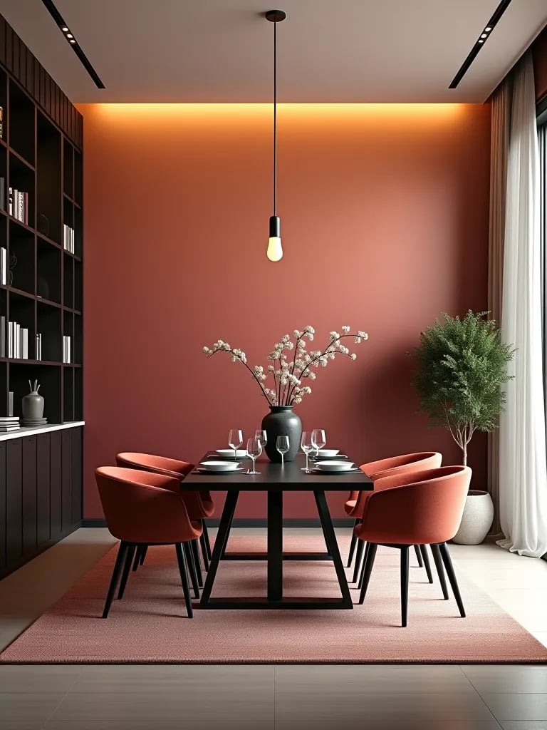 Dining area with ombre painted wall in open concept space