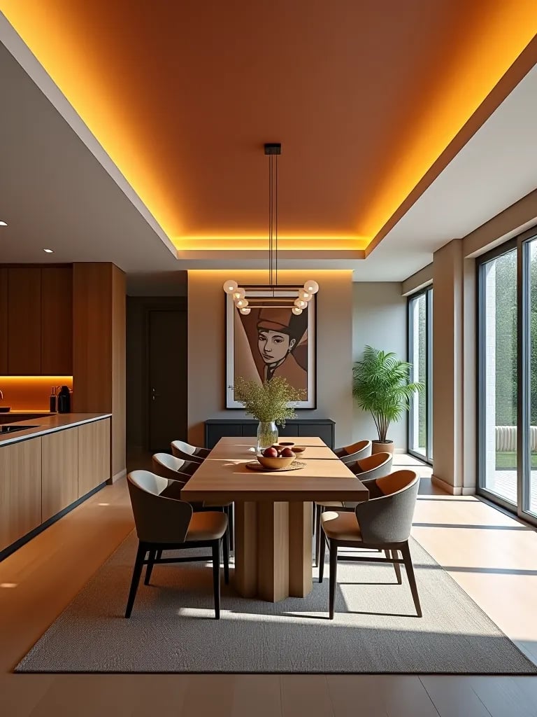 Dining area with painted ceiling in open plan space