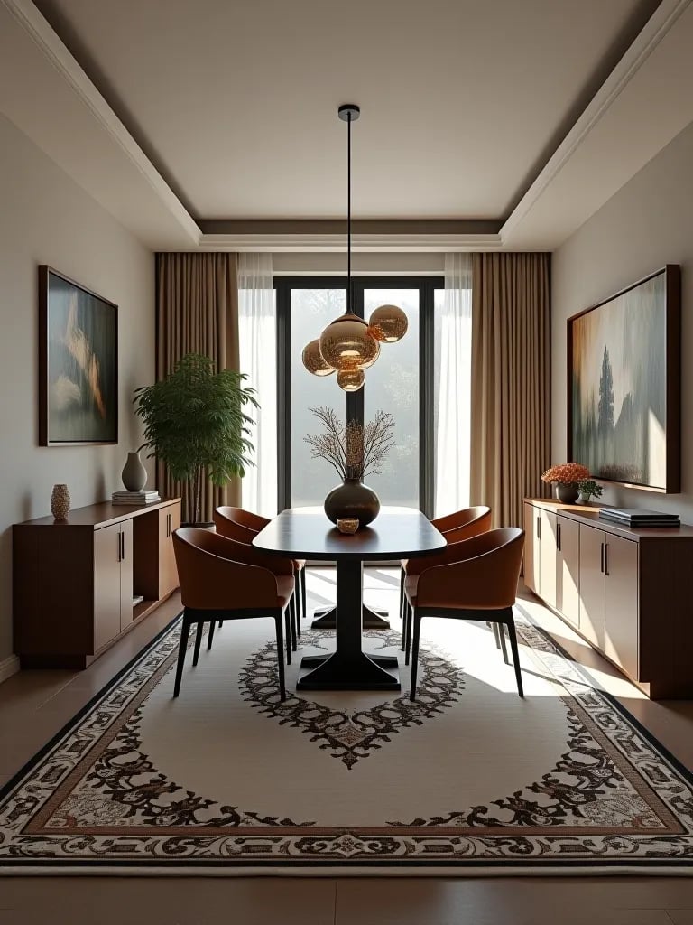 Dining area with painted floor border in open plan space
