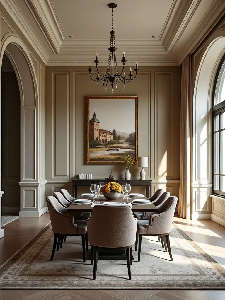 Dining area with painted wall panel effect in open space