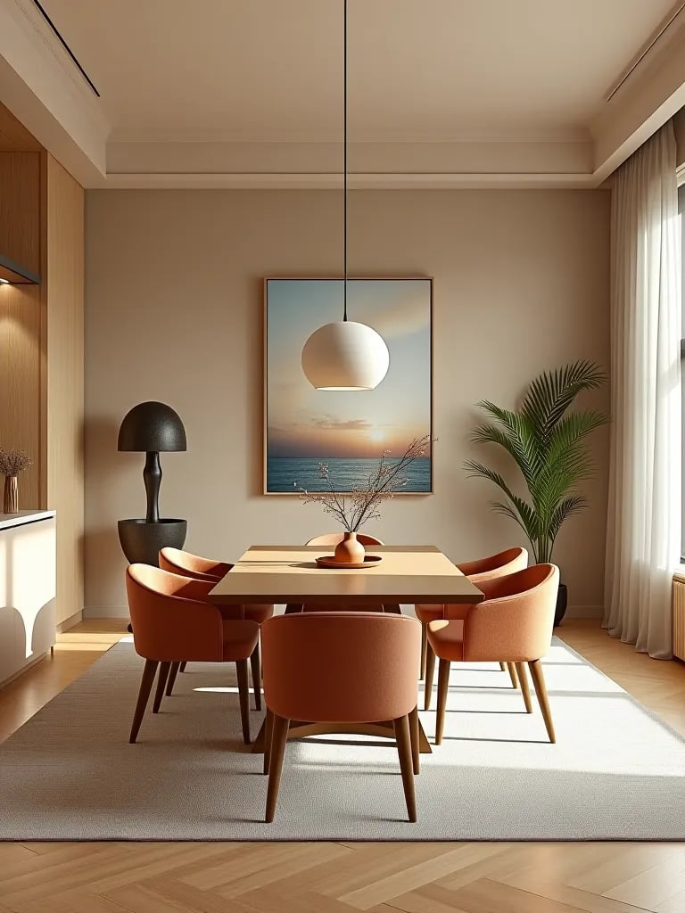 Dining area with subtle gradient wall in open plan space