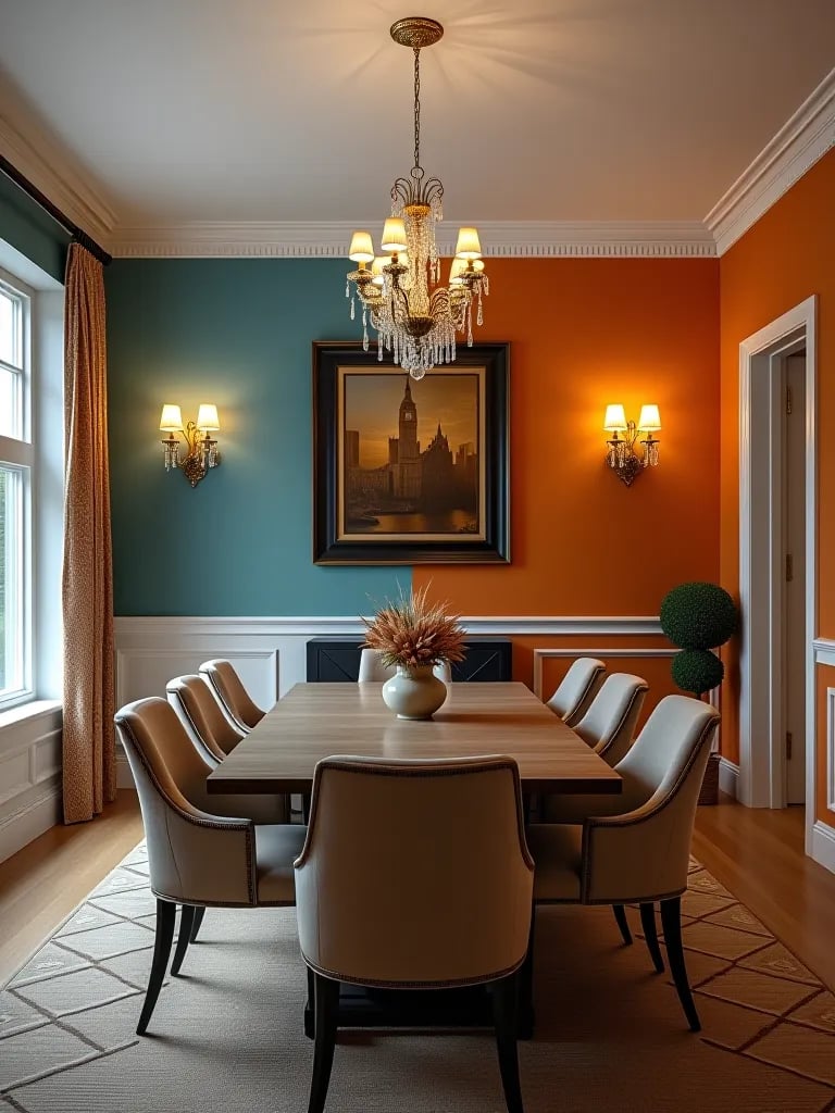 Dining room makeover comparison showing paint and lighting changes